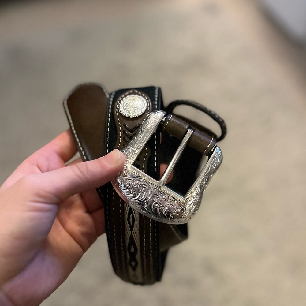 Ariat Dark Brown Belt with Ornate Silver Buckle